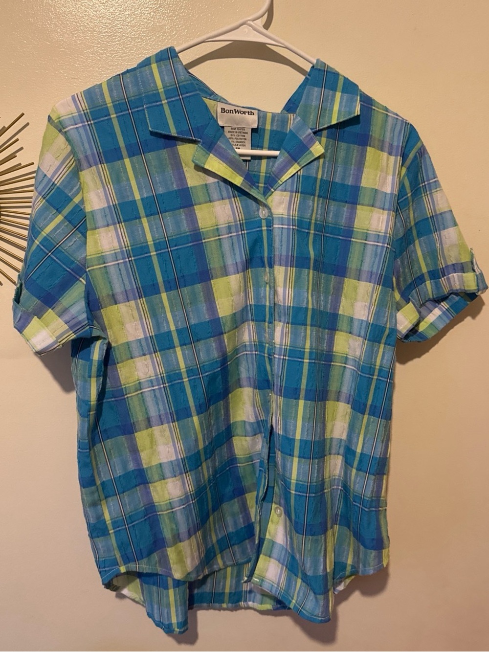 BonWorth Blue, Green & White Plaid Short-Sleeve Button-Down Shirt size s
